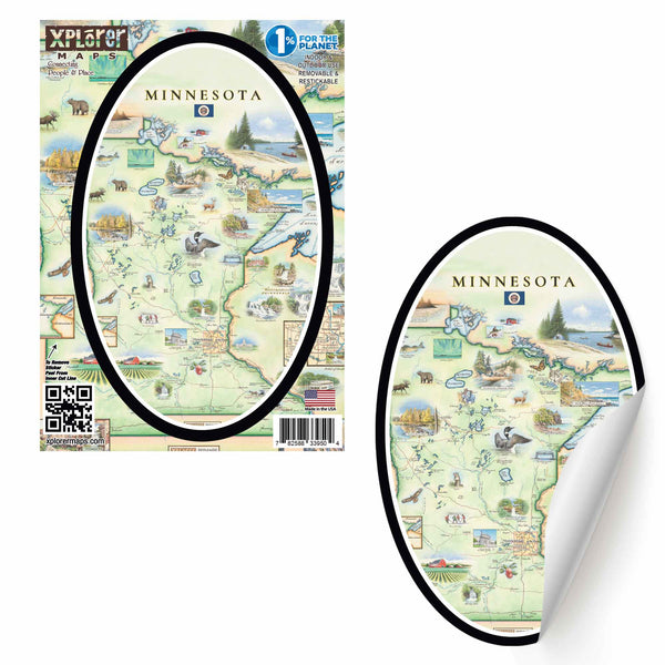 Hand-drawn Xplorer Maps art sticker of Minnesota, oval-shaped, 5.5" x 3.5", removable and re-stickable high-quality vinyl.