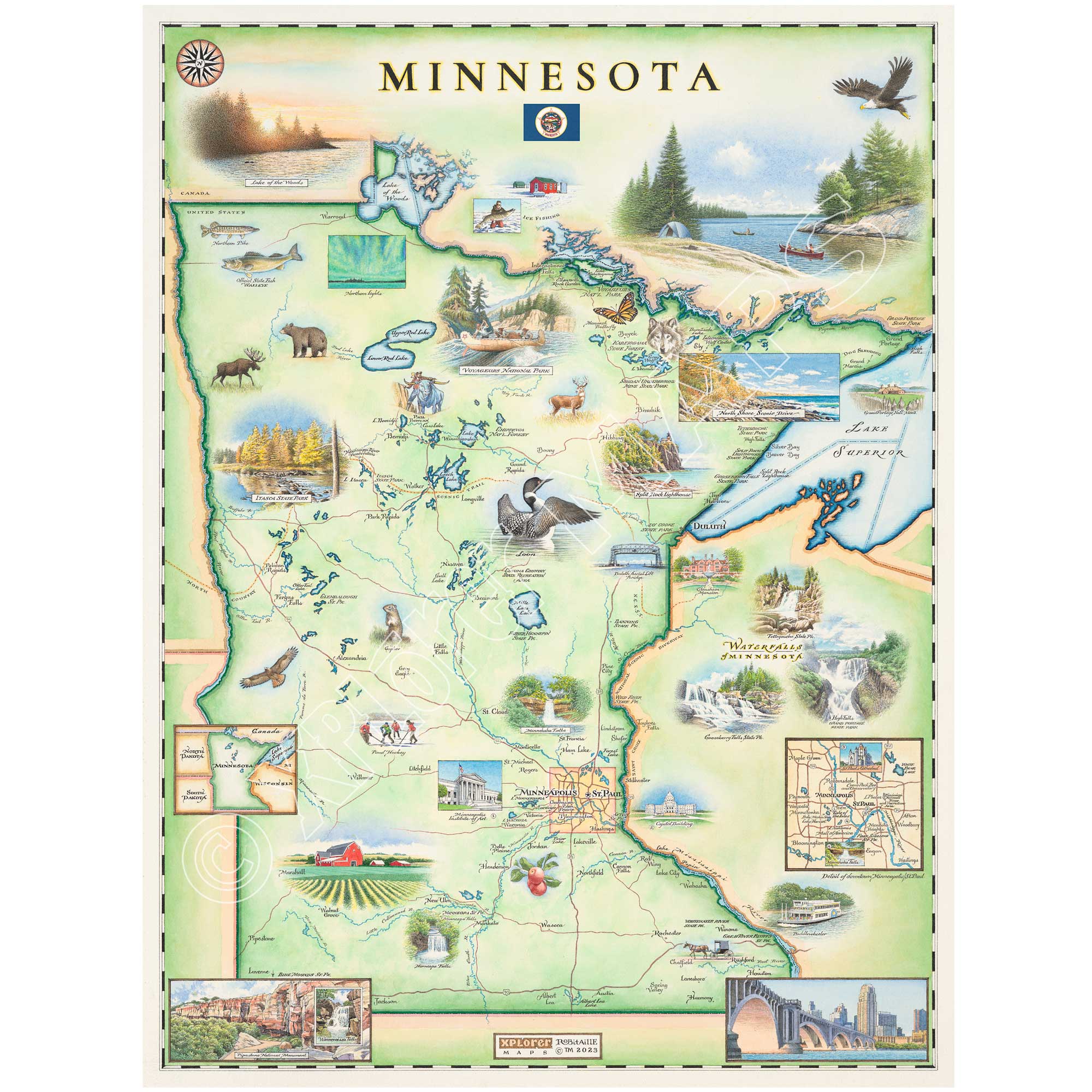Minnesota State hand-drawn map in earth-tone colors. The print by Xplorer Maps features waterfalls, Lake Superior, Lake in the Woods, Split Rock Lighthouse, Paul Bunyan, Itasca State Park, and the capitol building. Animals like bear, moose, and loon. Measures 18x24.