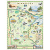 Hand-drawn Minnesota State Map in earth-tone colors of greens, blues, and tans.. This 18x24" print showcases key landmarks including waterfalls, Lake Superior, Lake in the Woods, Split Rock Lighthouse, Paul Bunyan, Itasca State Park, and the capitol building. The design also features local wildlife like bears, moose, and loons, capturing the essence of Minnesota's diverse landscapes.