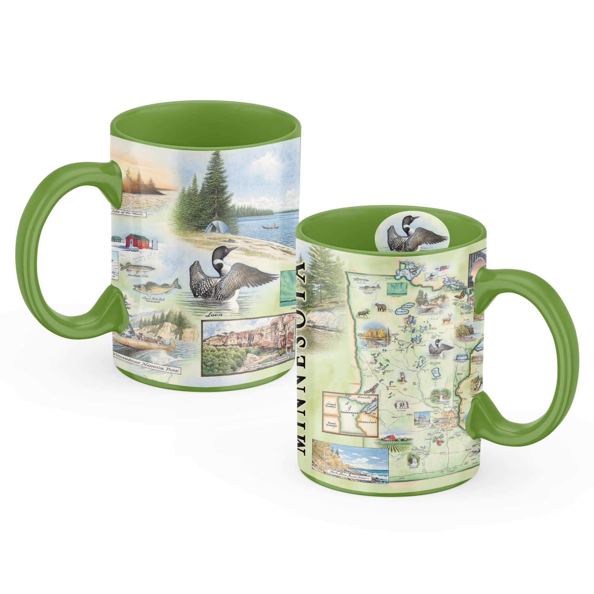Sip your favorite beverage in style with this Minnesota map ceramic mug. Featuring illustrations of popular attractions such as Featuring a detailed map adorned with illustrations of canoes, wolves, elk, bears, birds, and fish, alongside iconic landmarks like Minneapolis, Prince, St. Paul, and other popular attractions, it's the perfect way to stay cozy while celebrating the beauty of the North Star State.