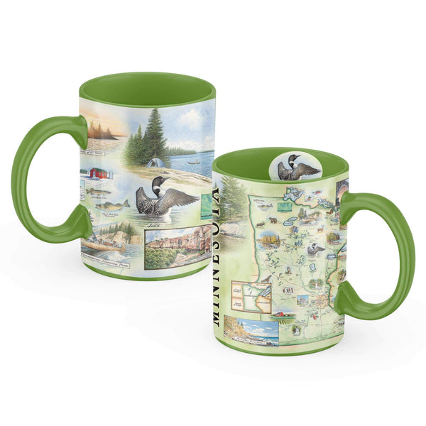 Sip your favorite beverage in style with this Minnesota map ceramic mug. Featuring illustrations of popular attractions such as Featuring a detailed map adorned with illustrations of canoes, wolves, elk, bears, birds, and fish, alongside iconic landmarks like Minneapolis, Prince, St. Paul, and other popular attractions, it's the perfect way to stay cozy while celebrating the beauty of the North Star State.