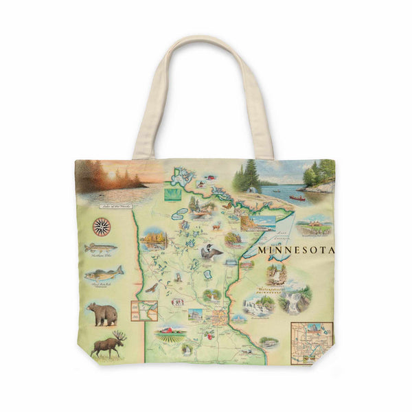 Carry your essentials in style with this spacious canvas tote bag featuring a stunning Minnesota map design. Decorated with illustrations of iconic landmarks, scenic waterfalls, bustling cities like Minneapolis and St. Paul, majestic wildlife including wolves and elk, and beloved tourist attractions like the Pipestone National Monument, it's the perfect companion for exploring the North Star State in comfort and fashion.