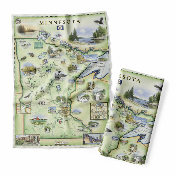 Minnesota State Maps Towel vividly captures the beauty of Minnesota’s iconic landmarks. Explore detailed illustrations of the historic Split Rock Lighthouse perched on the North Shore of Lake Superior and the cascading Minnehaha Falls in Minneapolis. The map also features loons, deer, Paul Bunyan, and Babe the Blue Ox. Made of 100% cotton-flour sack, this 18" x 24" towel with a digital pigment print and 20x20 thread count combines functionality with artistic charm.