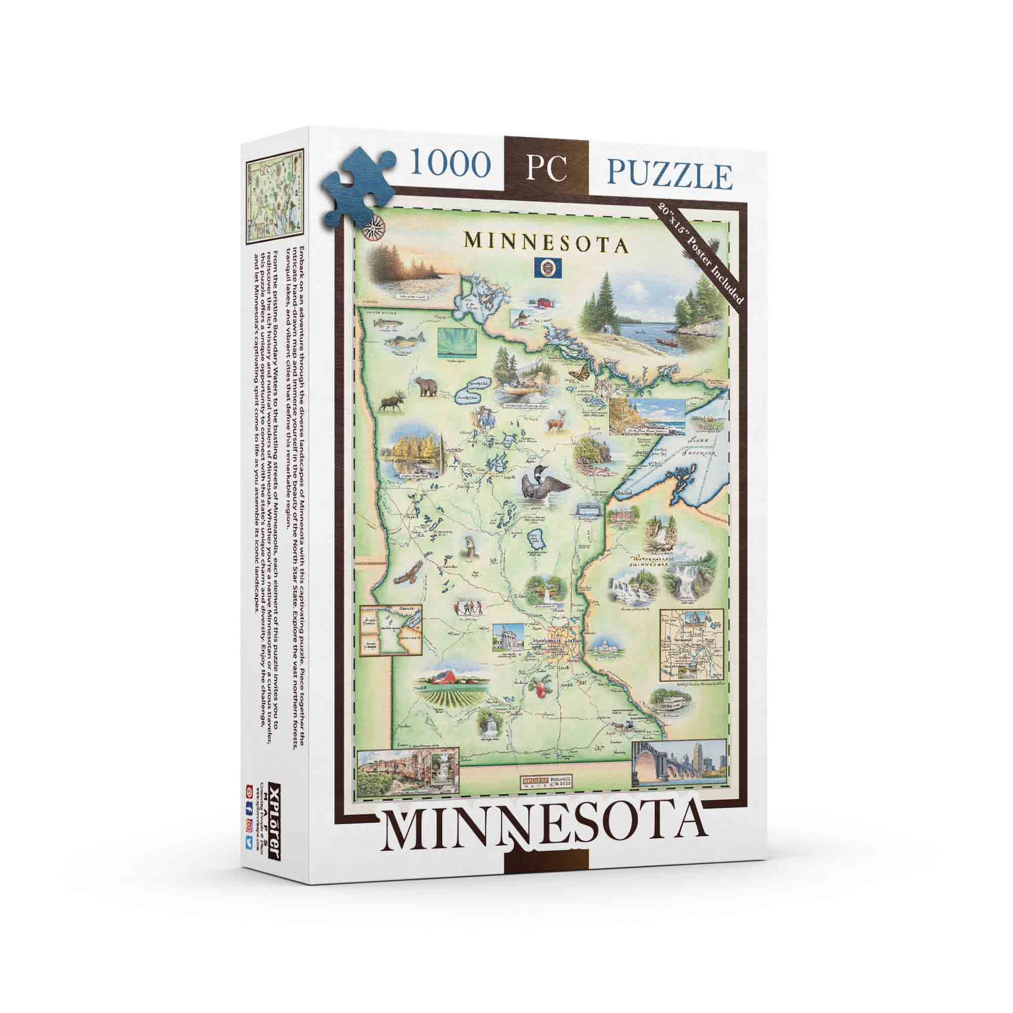 Immerse yourself in the beauty of Minnesota with this captivating 1000-piece jigsaw puzzle. Featuring stunning illustrations of iconic landmarks, picturesque landscapes, vibrant wildlife, and beloved tourist attractions, it's the perfect way to unwind while celebrating the wonders of the North Star State.