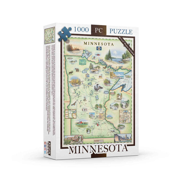 Immerse yourself in the beauty of Minnesota with this captivating 1000-piece jigsaw puzzle. Featuring stunning illustrations of iconic landmarks, picturesque landscapes, vibrant wildlife, and beloved tourist attractions, it's the perfect way to unwind while celebrating the wonders of the North Star State."