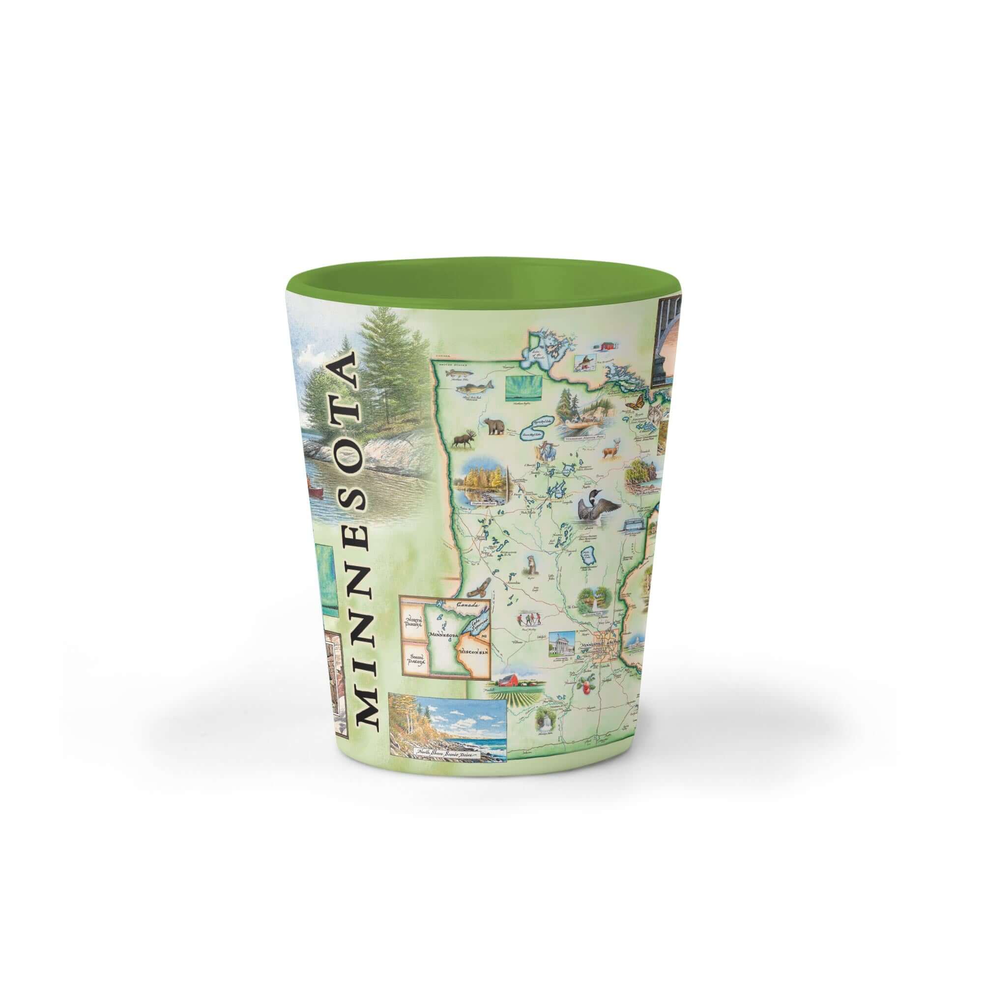 Toast to the Land of 10,000 Lakes with this 1.5 oz Minnesota ceramic shot glass. Adorned with charming illustrations of iconic landmarks, vibrant landscapes, and beloved wildlife, it's the perfect way to celebrate the beauty and spirit of Minnesota.