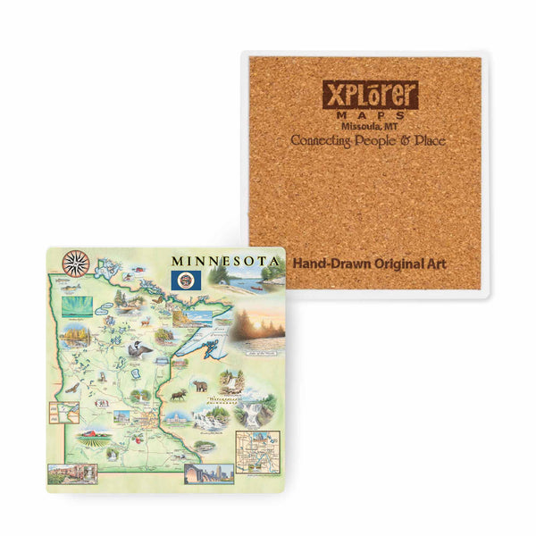 Protect your surfaces in style with this ceramic coaster featuring a cork back. Adorned with charming illustrations of Minnesota's iconic landmarks, scenic landscapes, and beloved wildlife, it adds a touch of North Star State charm to any home decor.