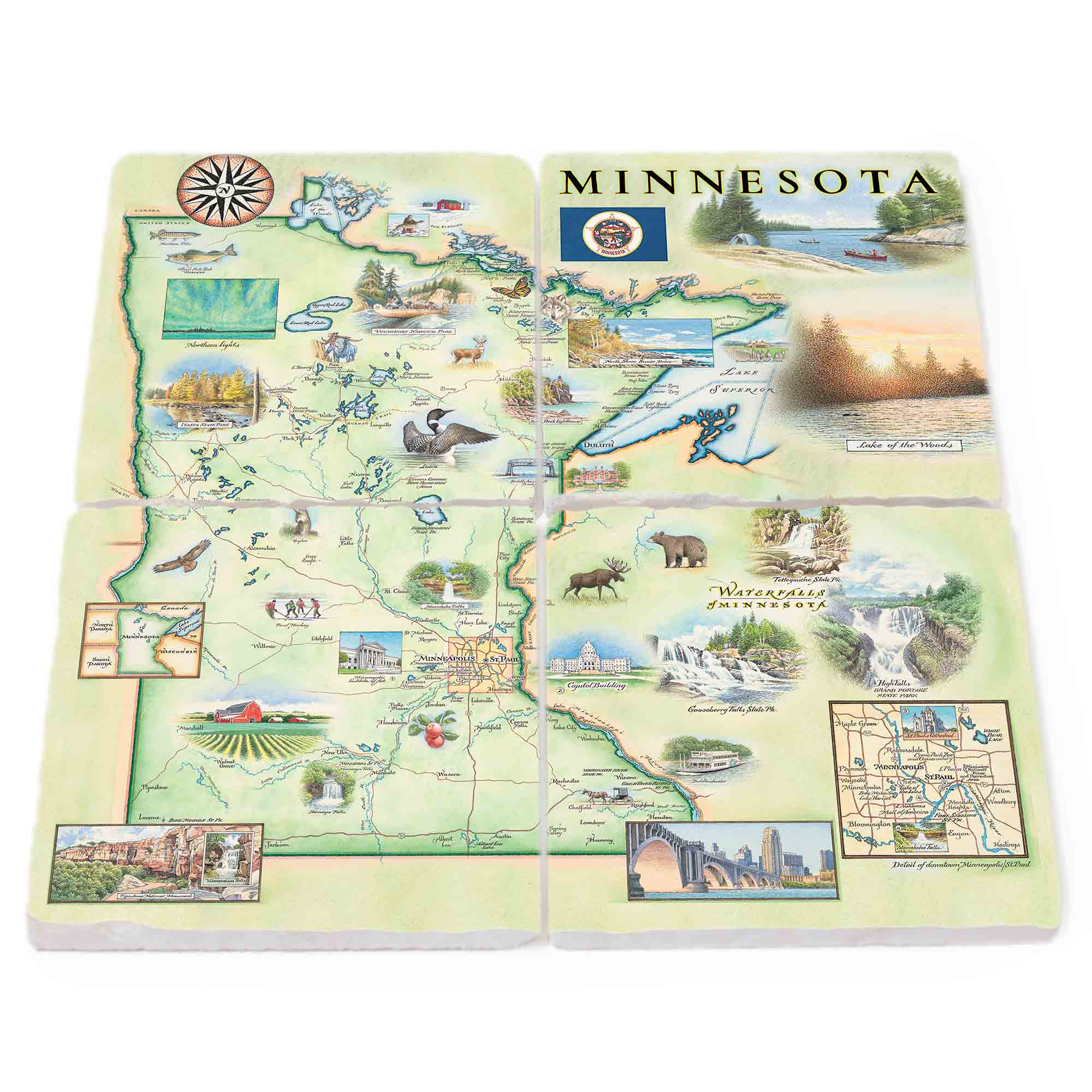 Minnesota Stone Coaster Set set of 4. The map showcases key landmarks including waterfalls, Lake Superior, Lake in the Woods, Split Rock Lighthouse, Paul Bunyan, Itasca State Park, and the capitol building. The design also features local wildlife like bears, moose, and loons, capturing the essence of Minnesota's diverse landscapes