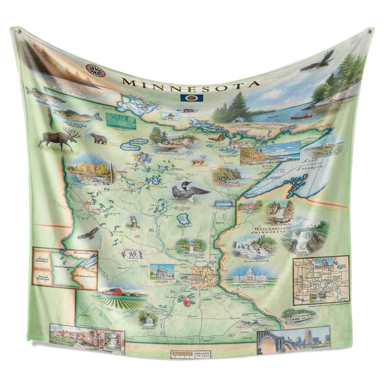 Wrap yourself in warmth and Minnesota State pride with this cozy fleece blanket. Featuring a detailed map adorned with illustrations of canoes, wolves, elk, bears, birds, and fish, alongside iconic landmarks like Minneapolis, Prince, St. Paul, and other popular attractions, it's the perfect way to stay cozy while celebrating the Land of 10,000 Lakes.