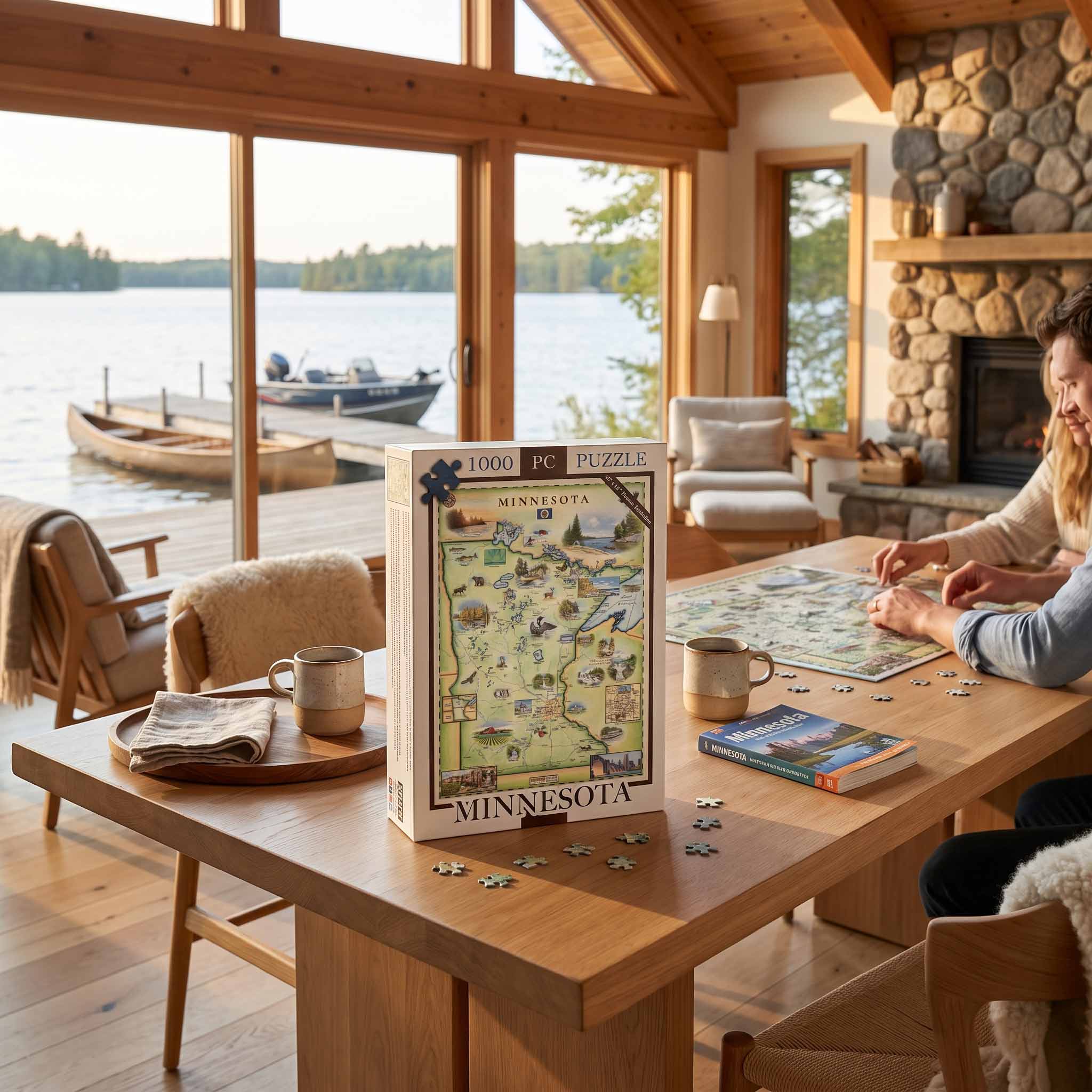 A 1000-piece Minnesota jigsaw puzzle set displayed on a wooden table in a cozy, wood-paneled cabin with a large window overlooking a lake and dock. Two people are seated at the table, working on assembling another puzzle.
