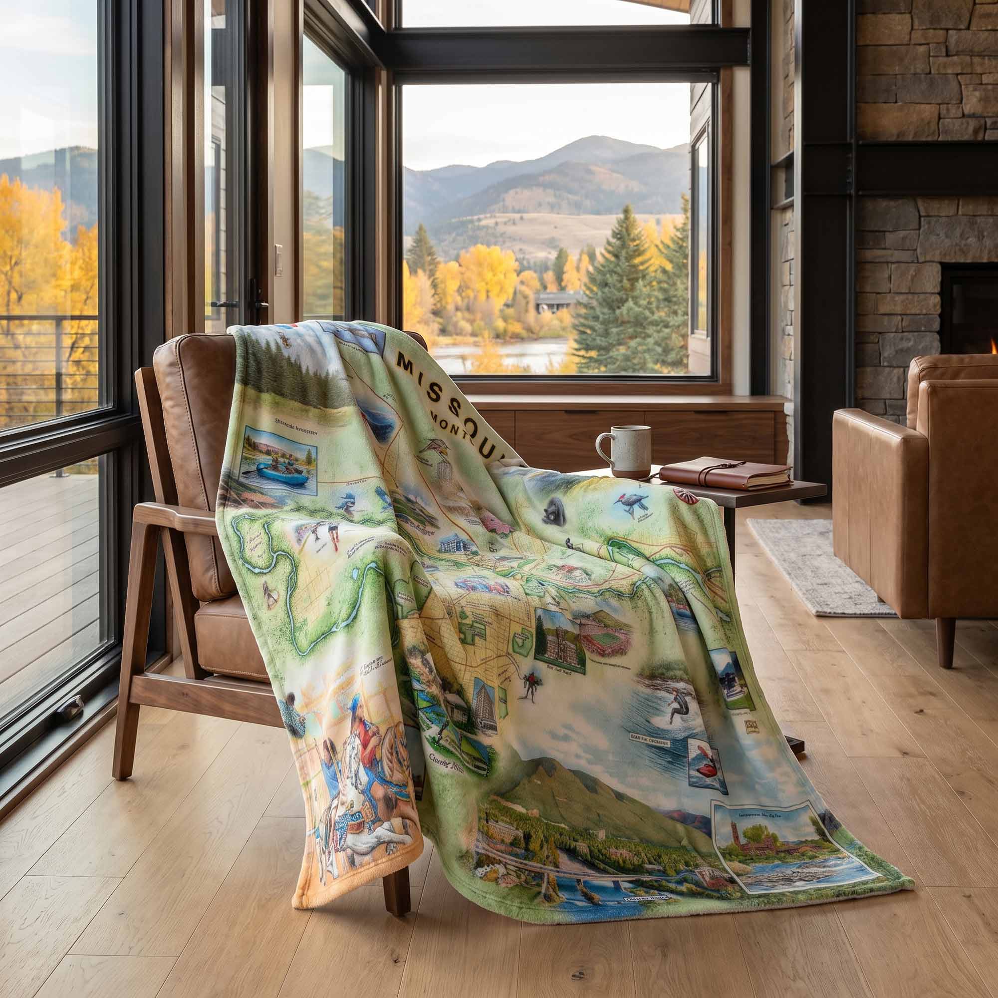 A printed throw blanket featuring a scenic map-style illustration draped over a wooden chair in a modern living room with large windows overlooking mountains and autumn trees.