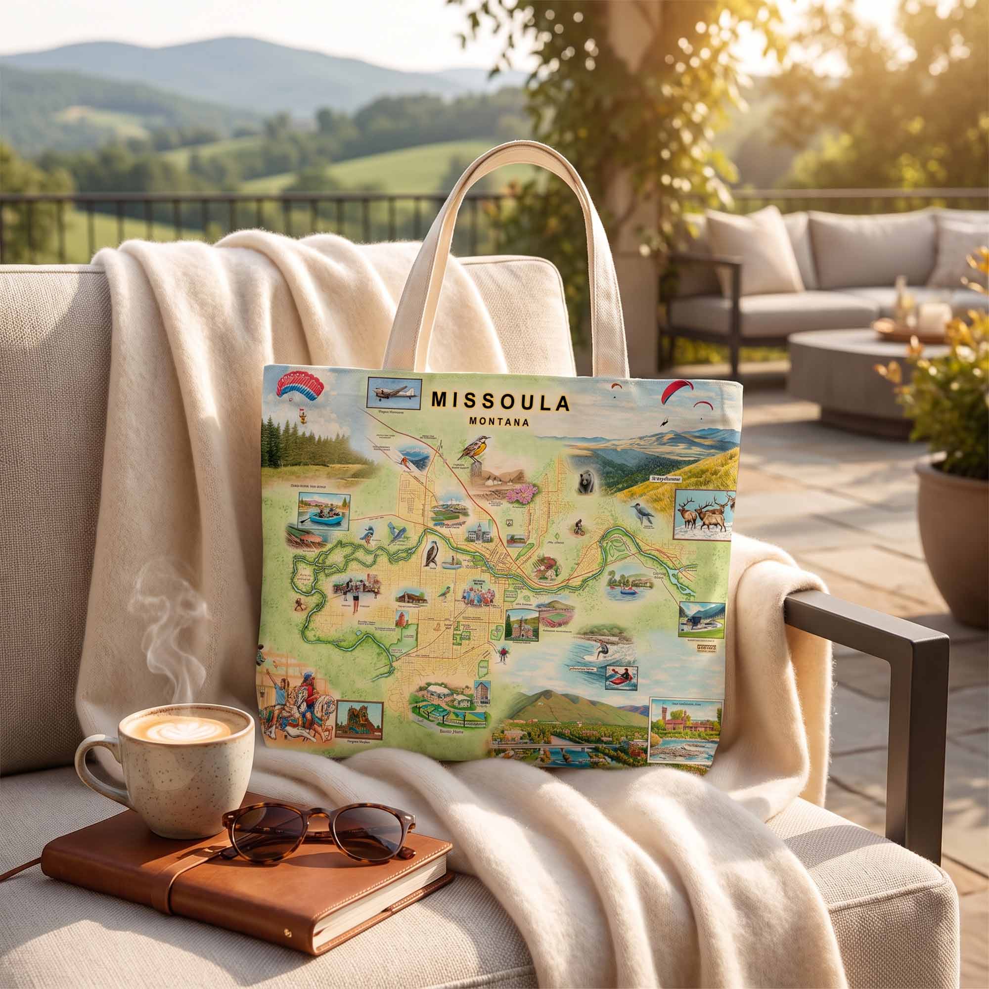 A tote bag featuring a colorful illustrated map of Missoula, Montana, styled on a beige outdoor lounge chair with a cream throw blanket, next to a cup of coffee, sunglasses, and a notebook. The background shows a sunny, blurred patio and mountain landscape.