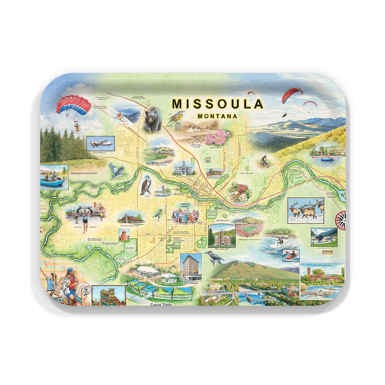 Medium Serving Tray  map of Missoula, Montana with various activities and landmarks.