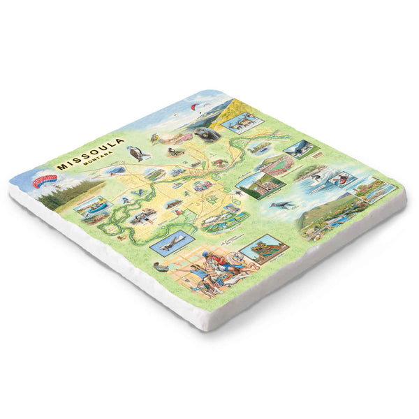 Missoula, Montana map illustration on a 6x6 natural stone trivet by Xplorer Maps.