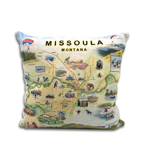 Missoula, Montana map throw pillow featuring hand-drawn illustrations of local landmarks and wildlife.