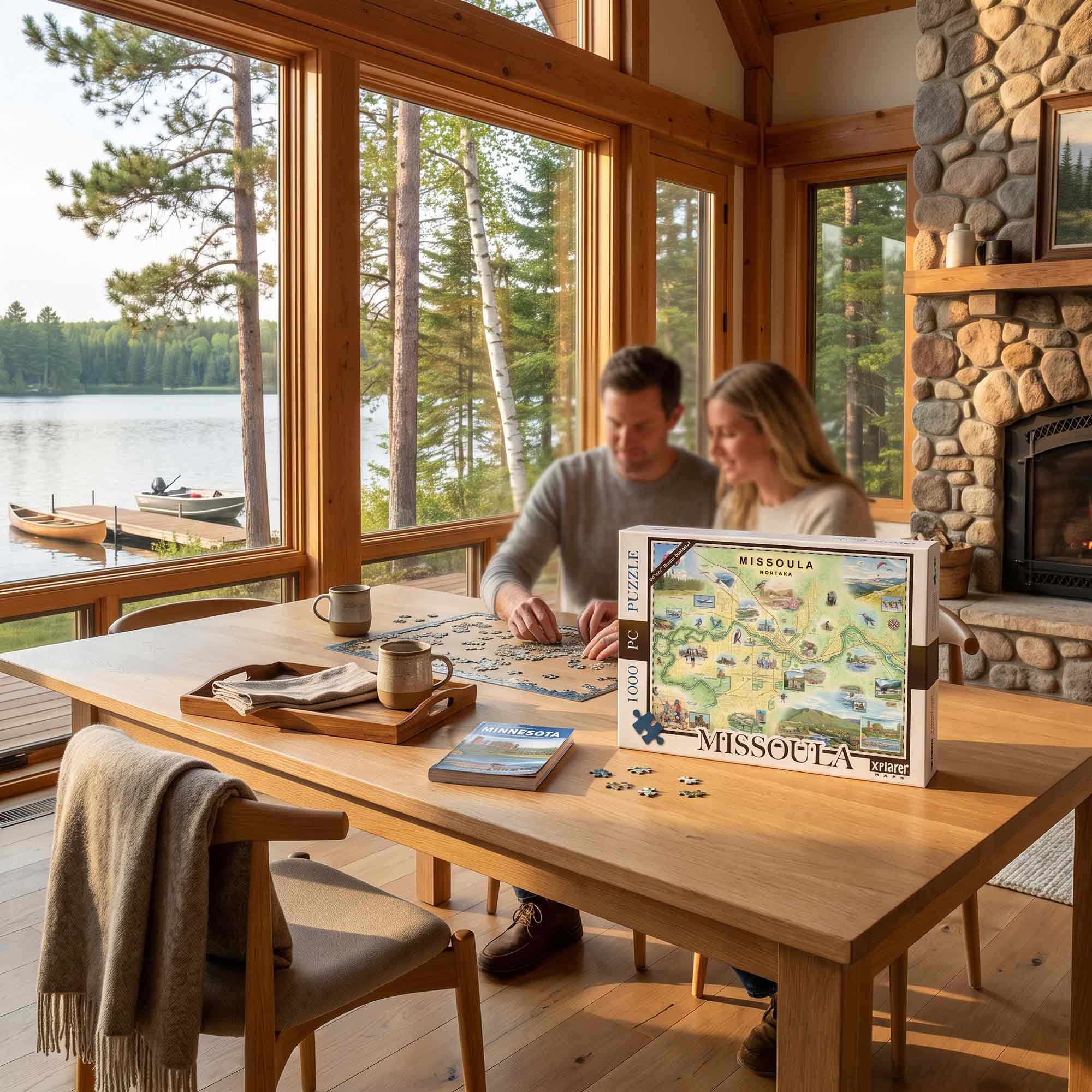 A couple sits at a wooden table in a bright cabin with large windows overlooking a lake, working on a Missoula jigsaw puzzle. The puzzle box is prominently displayed on the table, along with mugs, a tray, and a stone fireplace in the background.