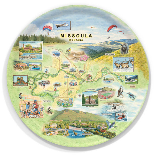 Large Round Serving Tray  map of Missoula, Montana with various activities and landmarks.