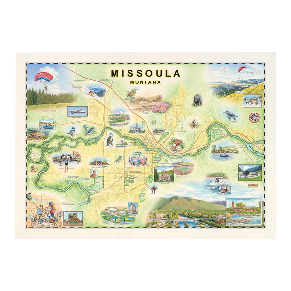 Hand-drawn map of Missoula in vibrant greens and blues, featuring iconic landmarks like the M Mountain, University of Montana, Carousel, KettleHouse Amphitheater, Missoula Marathon, Griz Football, along with abundant wildlife and river activities.