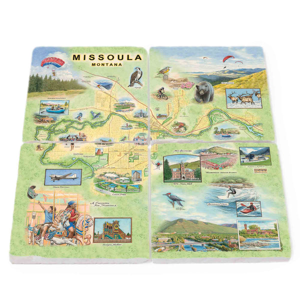 Set of 4 natural stone coasters featuring a hand-drawn Missoula Map design, highlighting the Clark Fork and Bitterroot Rivers, Bitterroot Mountains, and iconic Missoula landmarks. 