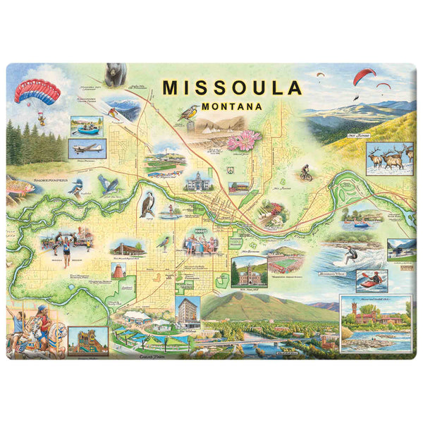 Hand-drawn Missoula Map magnet showcasing detailed illustrations of Missoula, Montana, including the Clark Fork and Bitterroot Rivers, the Bitterroot Mountains, and local landmarks. 