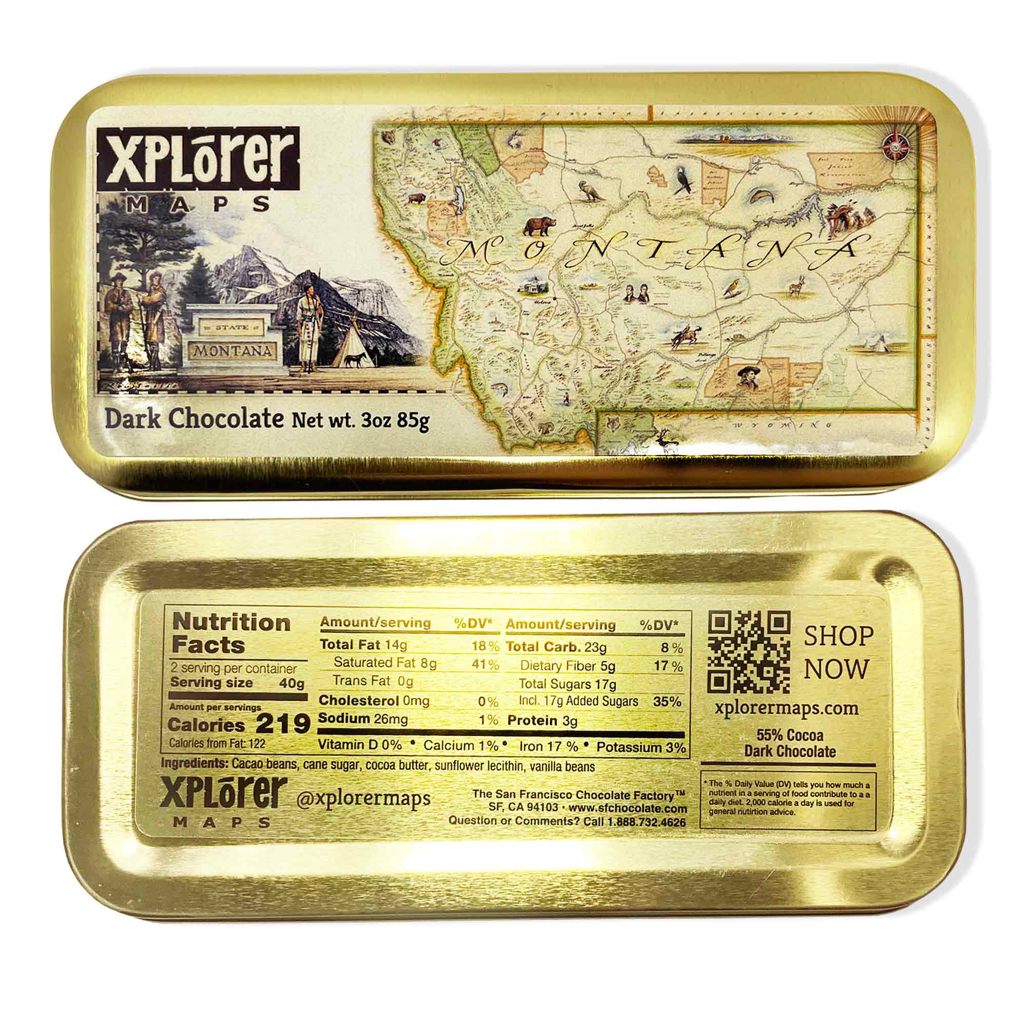 Xplorer Maps' Dark Chocolate with back side to see ingredients. 