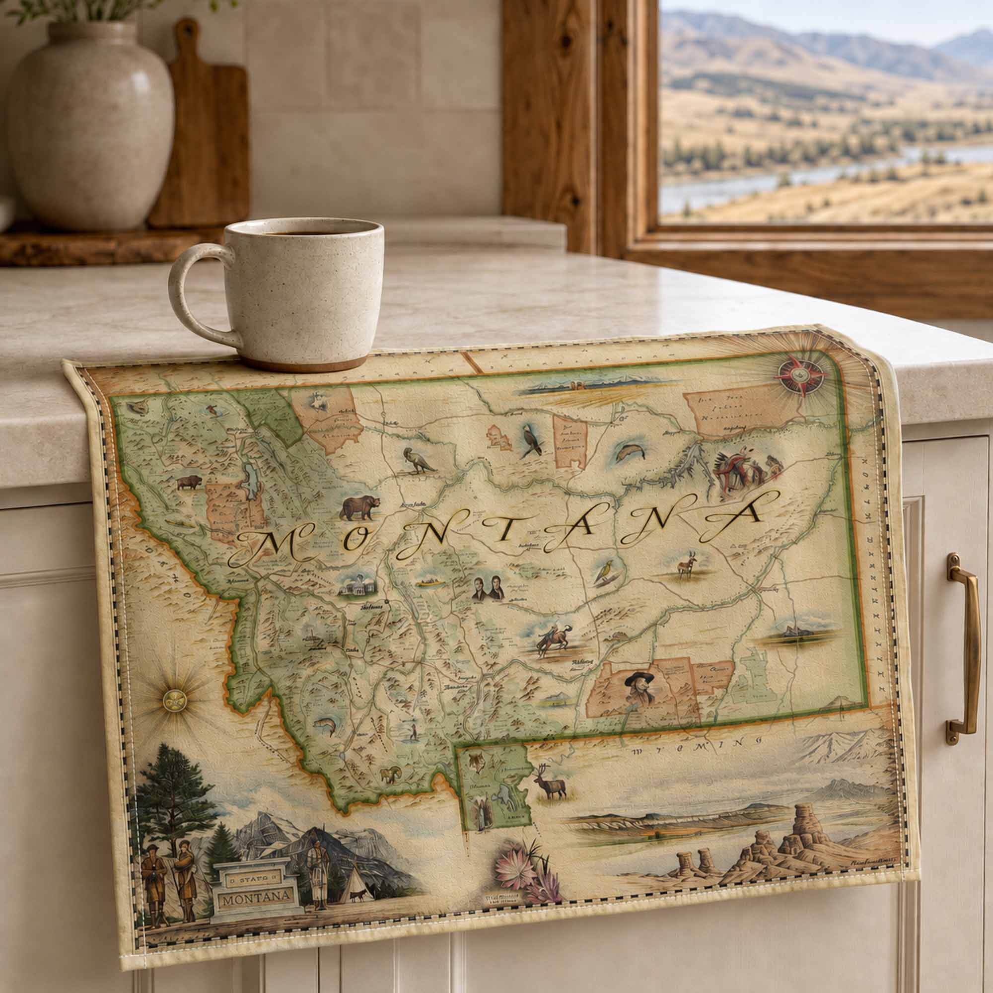 An antique-style Montana map textile, likely a placemat or table runner, draped over a white kitchen counter with a ceramic mug on top. The map features vintage illustrations of Montana landscapes, animals, and figures, with 'MONTANA' written across the center.