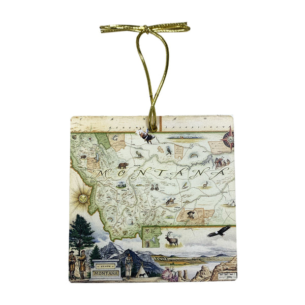 Acrylic ornament featuring hand-drawn map of Montana capturing the state's landscapes and spirit. Includes a ribbon for hanging.

