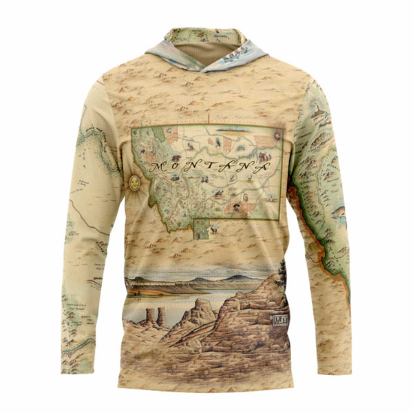 Hoodie with a map design of Montana on a beige background