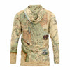Back of sun shirt hoodie with a map design on a white background