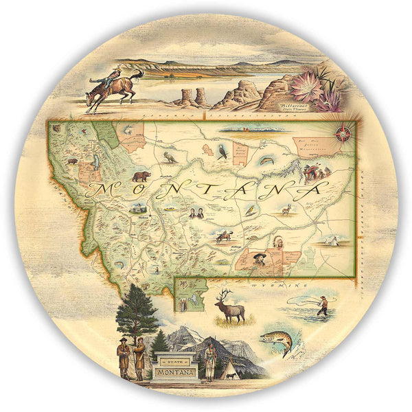 Round Serving Tray Map of Montana with illustrations on a beige background