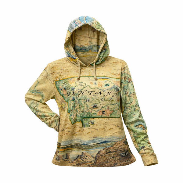 Montana Hoodie with map design on a white background - front