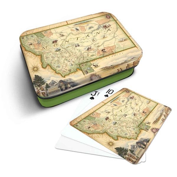 Montana Map Playing cards that features iconic attractions, flora and fauna of that area - Green Metal Tin