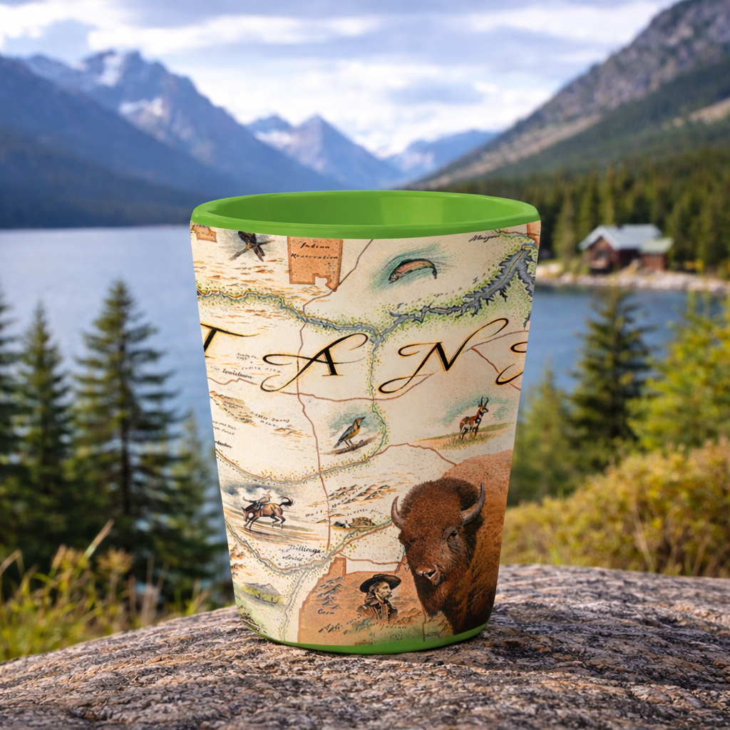 A green-topped tumbler with a vintage-style map and wildlife print featuring a bison, photographed outdoors on a rock with a mountain lake landscape in the background.
