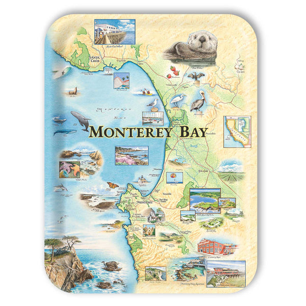 Large Rectangle Serving Tray Map of Monterey Bay with various icons and illustrations on a beige background