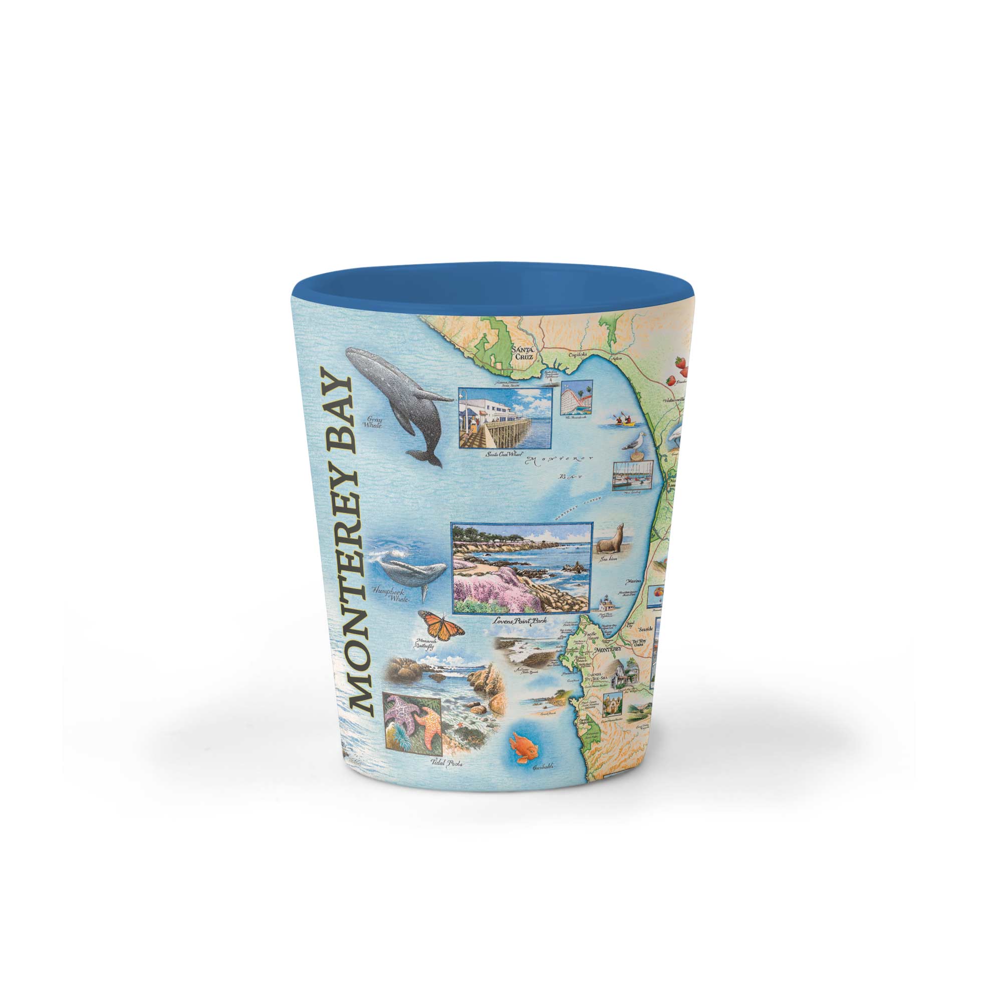 Monterey Bay shot glass, 1.5 oz, featuring high-quality ceramic construction and original artwork by Chris Robitaille