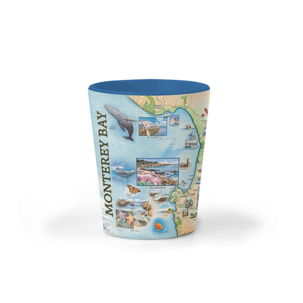 Monterey Bay shot glass, 1.5 oz, featuring high-quality ceramic construction and original artwork by Chris Robitaille
