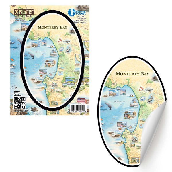 Hand-drawn Monterey Bay map sticker featuring coastal landmarks and natural beauty by Xplorer Maps artist Chris Robitaille.