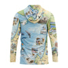 Long-sleeve sunshirt with a colorful map design on a white background