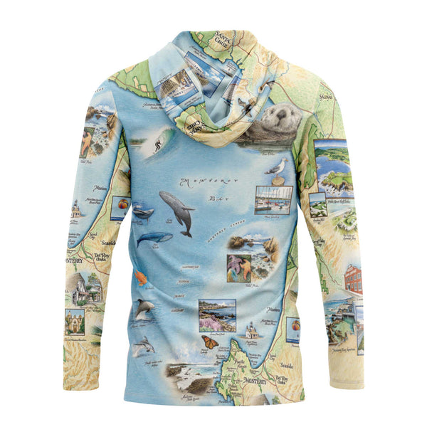 Long-sleeve sunshirt with a colorful map design on a white background