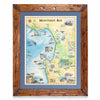 A framed vintage-style map of Monterey Bay, California, featuring a rustic brown wooden frame and a blue mat border around the illustrated map.