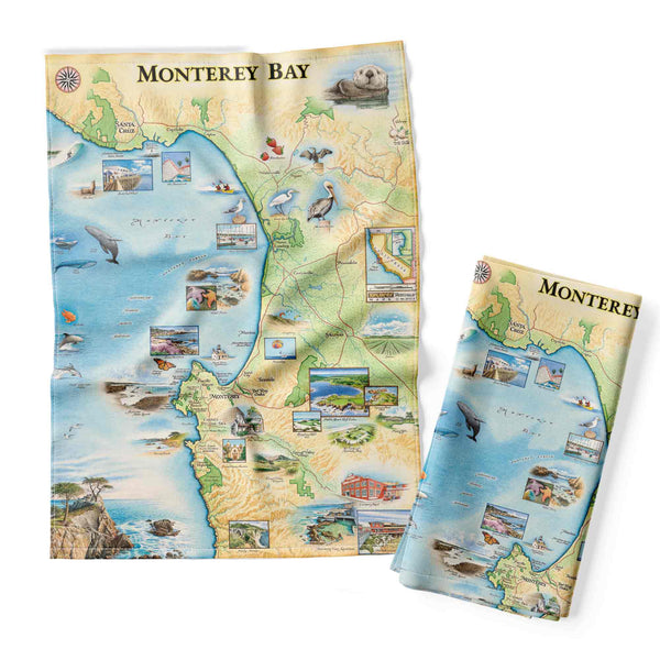 Monterey Bay dishtowel with a hand-drawn map design printed on 100% cotton flour sack. Ocean-inspired, absorbent, and machine-washable kitchen towel.