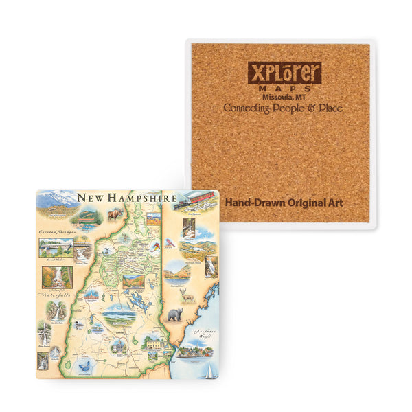4'x4' New Hampshire State Map Ceramic Coasters by Xplorer Maps. The map features illustrations of the Cog Railway, Crawford Notch, Portsmouth, moose, deer, and Mount Washington.