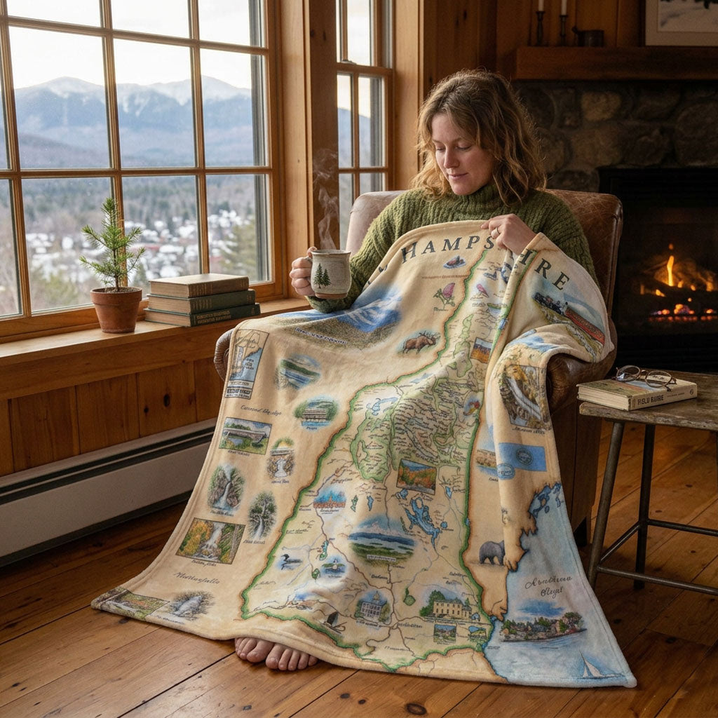 Woman sitting by a fireplace with a blanket map-theme of Hampshire draped over her, holding a mug.