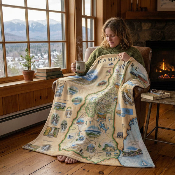 Woman sitting by a fireplace with a blanket map-theme of Hampshire draped over her, holding a mug.
