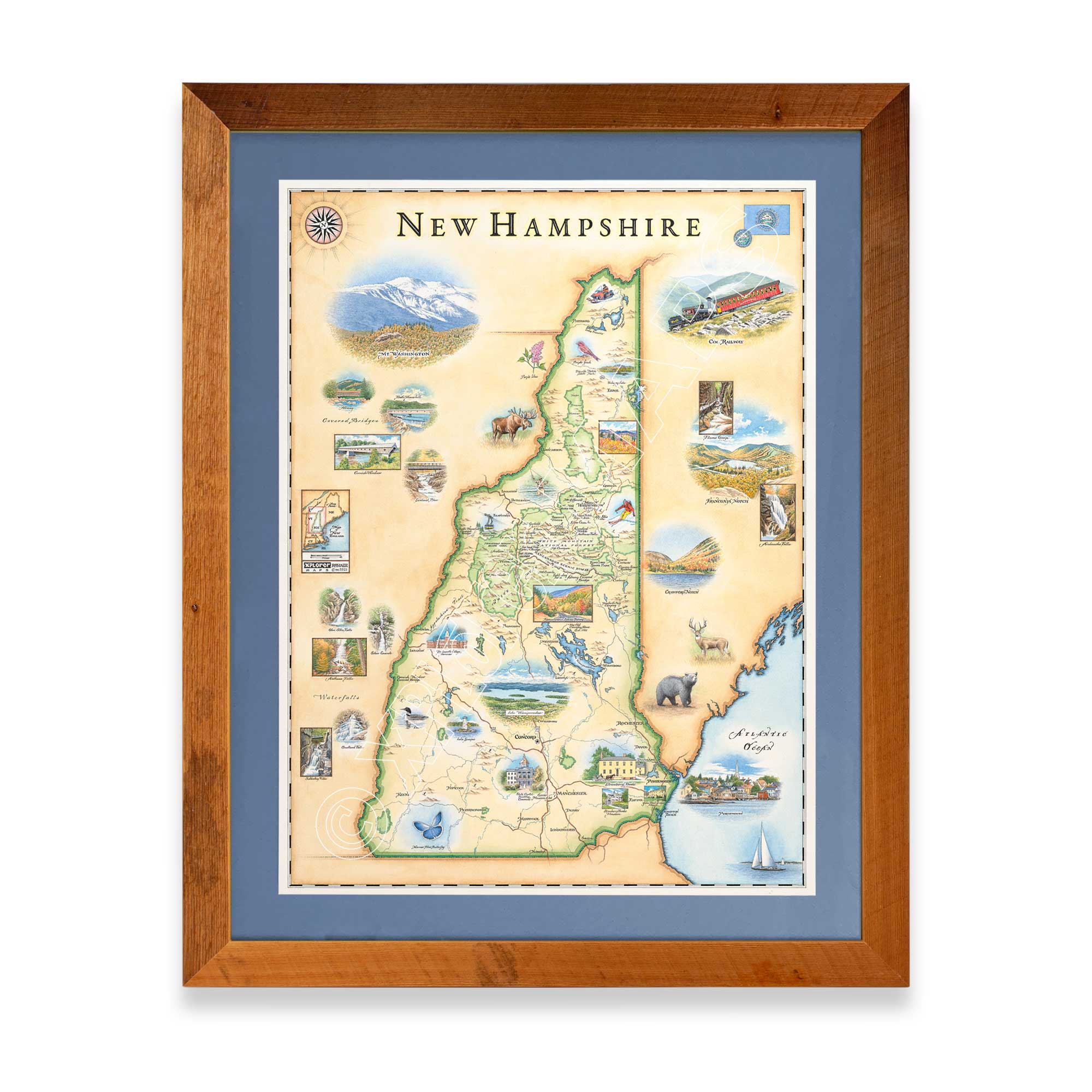 New Hampshire State hand-drawn map The print is framed in  Montana Flathead Lake Larch with a blue mat. 