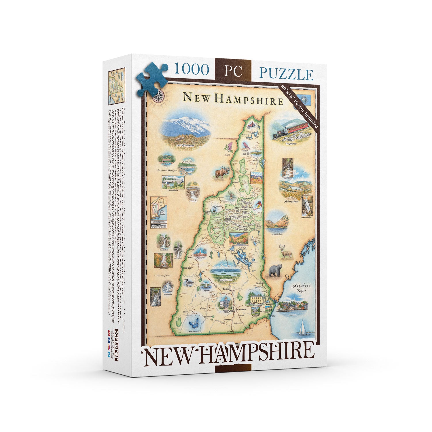 New Hampshire State Map Jigsaw Puzzle by Xplorer Maps. The map features illustrations of the Cog Railway, Crawford Notch, Portsmouth, moose, deer, and Mount Washington. 