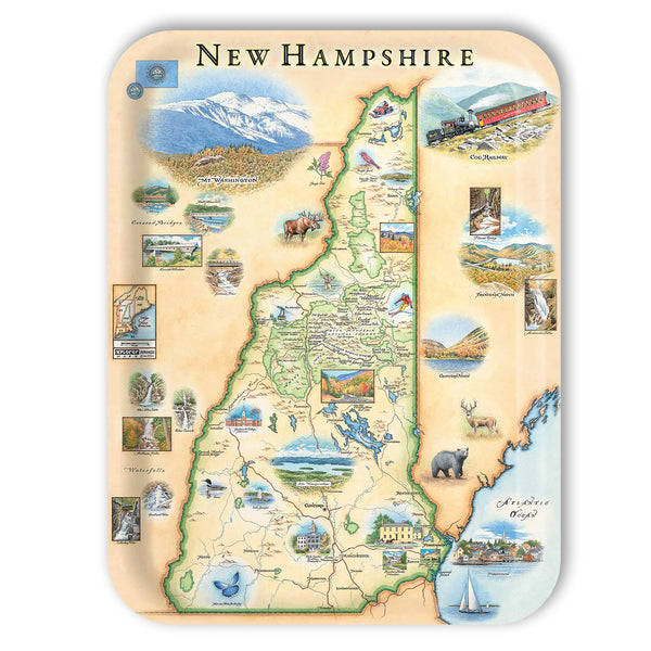 Large Serving Tray Map of New Hampshire with various icons and scenic illustrations on a beige background