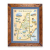 New Hampshire State hand-drawn map in earth tones blues and greens. The map print is framed in Montana hand-scraped pine with a blue mat.