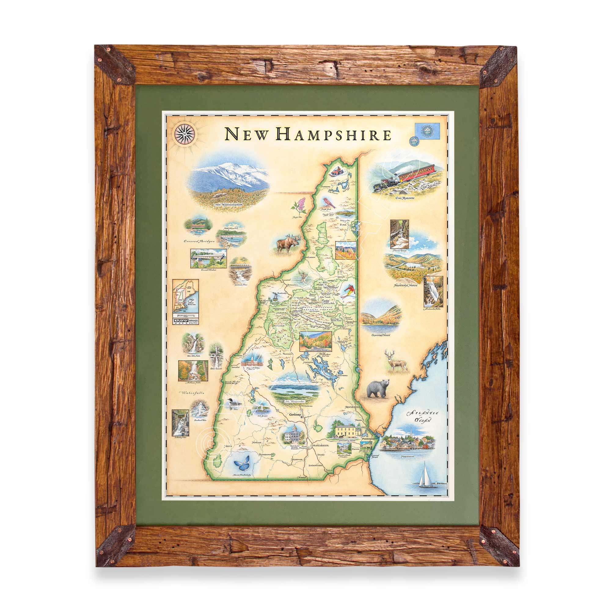 Framed map of New Hampshire with wooden frame and green mat