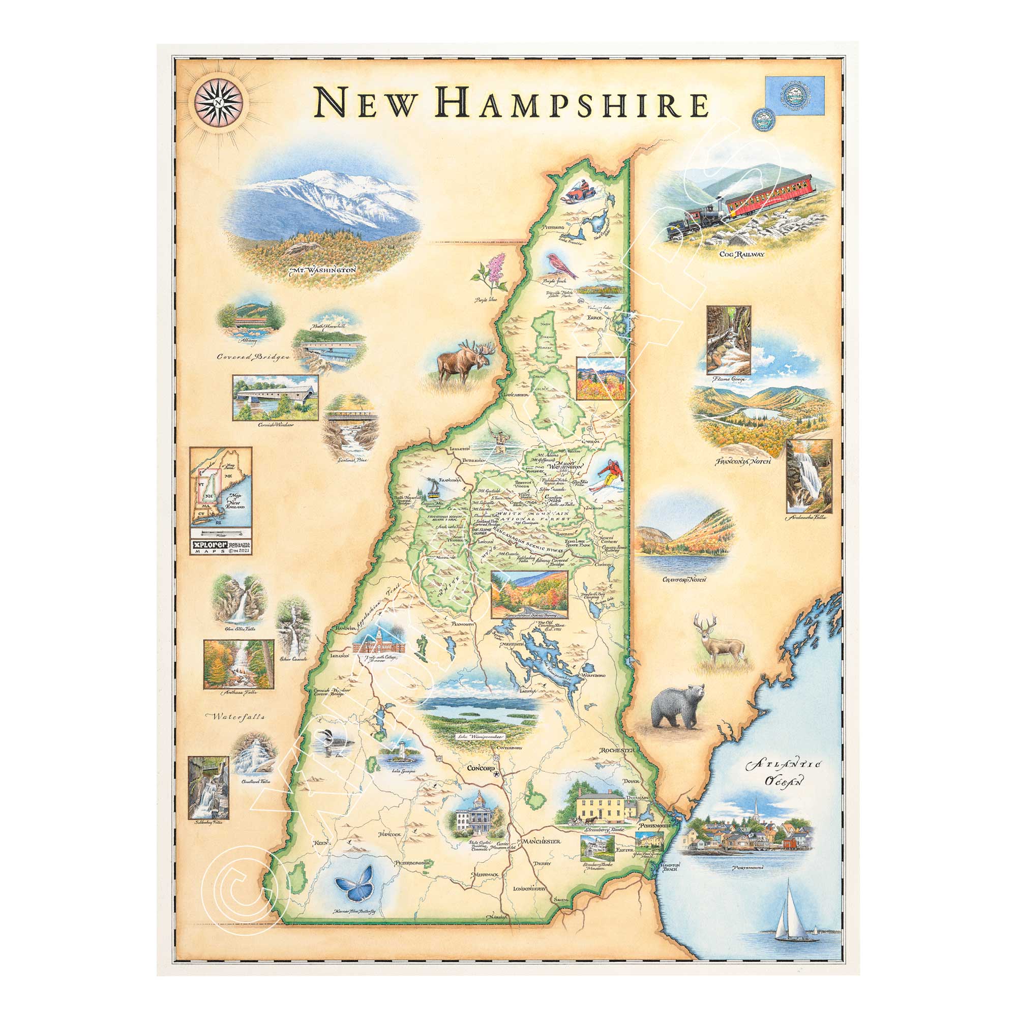 New Hampshire State Hand-Drawn Map in earth tones beige and green. The map features illustrations of the Cog Railway, Crawford Notch, Portsmouth, moose, deer, and Mount Washington. Measures 18x24.